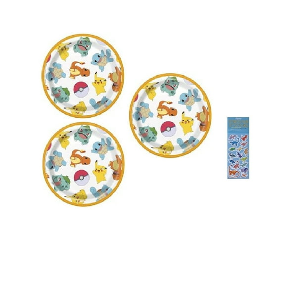 Pokemon Birthday Party Supplies Bundle includes 24 Dessert Round Paper Plates 7", 1 Dinosaur Sticker Sheet