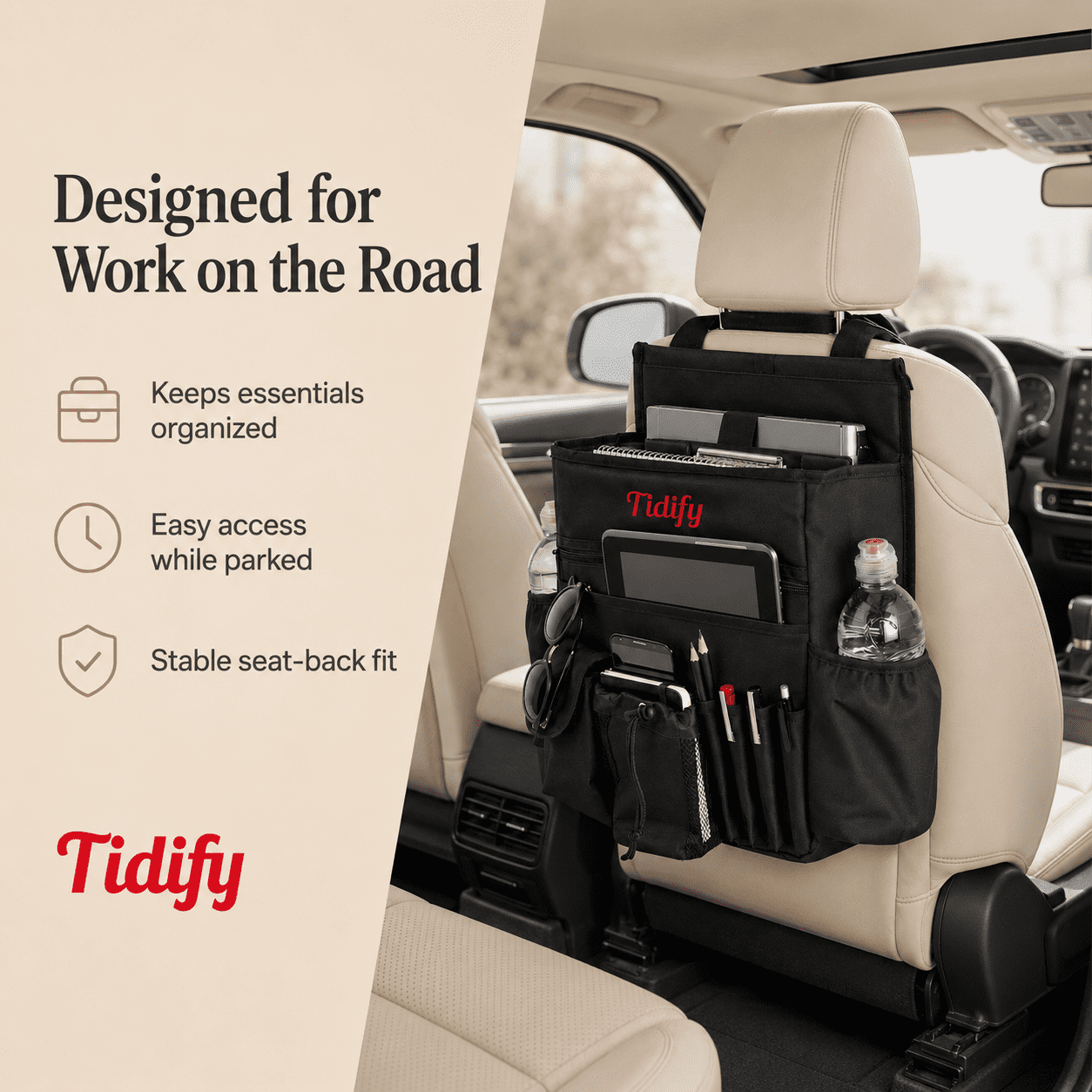 Tidify Car Seat Back Organizer with Adjustable Straps, Compartments, and Pockets for Laptop and Tablet, 1 Pack