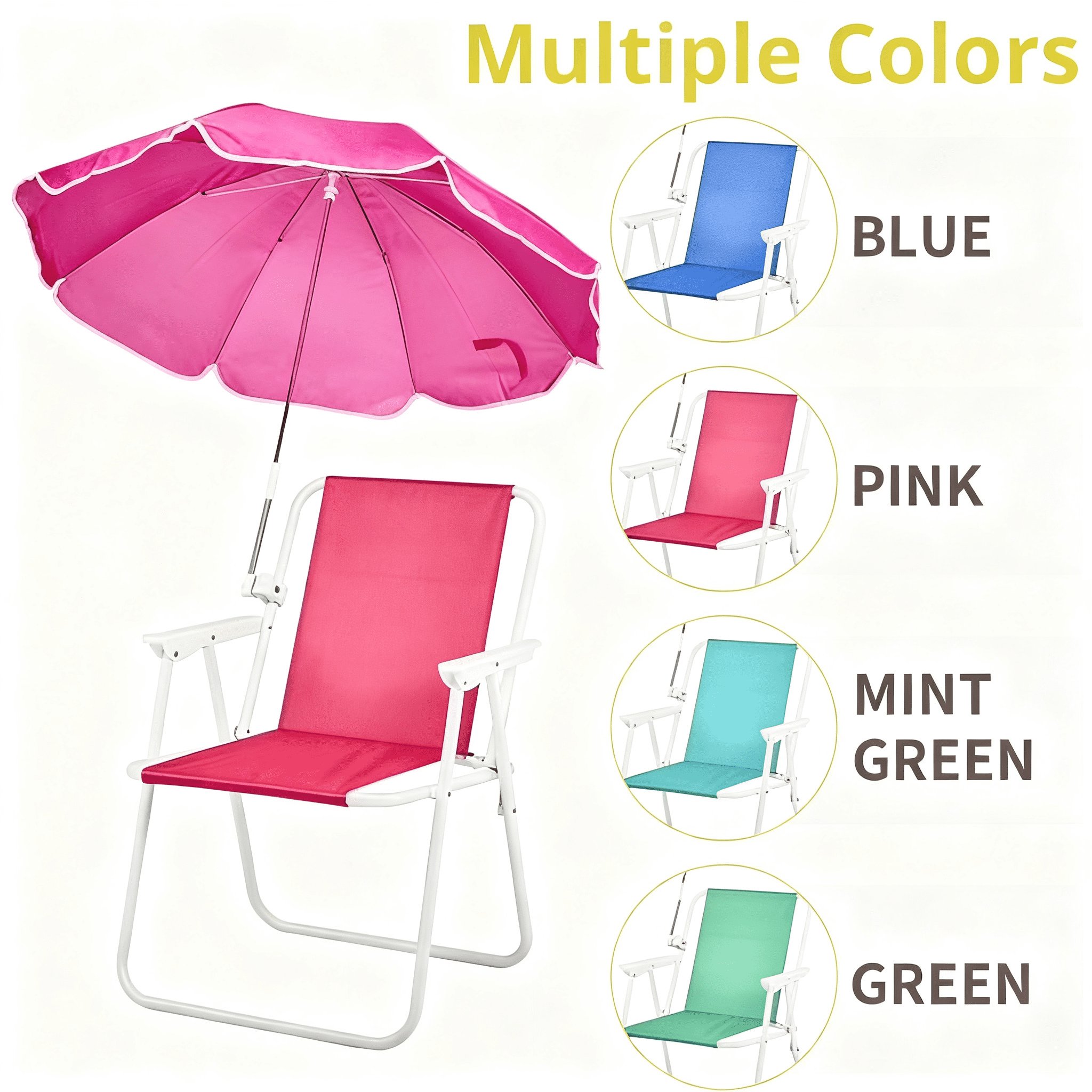 Folding Beach Chair with Umbrella for Adults, Lightweight Porable Camping Chair with 265lbs Capacity for Travel Picnic Concert & Outdoor Activities, Pink