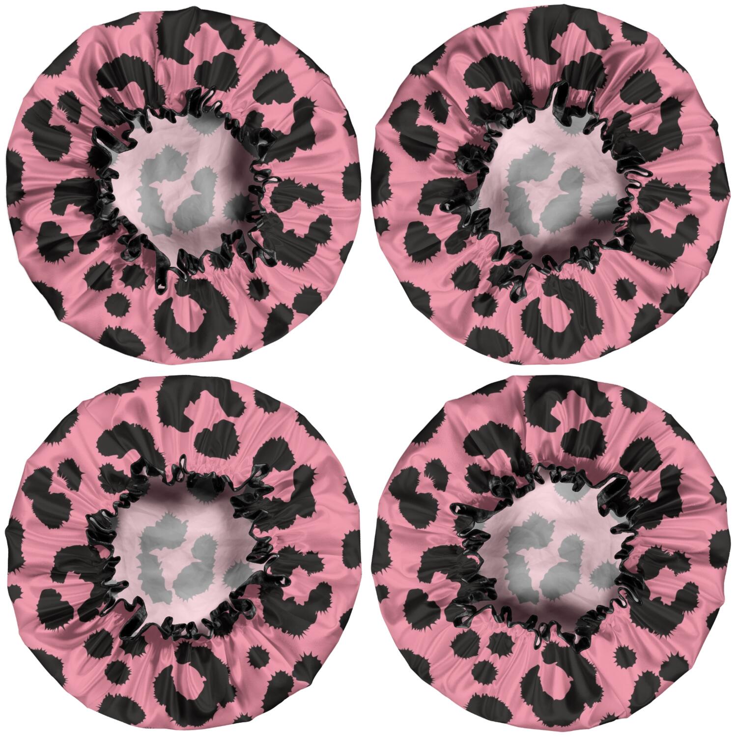 Shower Caps,Pink and Black Of Leopard Print Waterproof Shower Cap for Women 4 Pieces,Double Reusable Hair Cover for Shower PEVA Elastic Stretch Hem