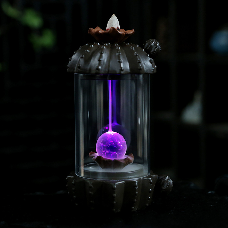 Purple Sand Windshield Backflow Incense Holder Creative Cactus LED Lamp Home Tea Room Aromatherapy Incense Burner Office Yoga Room Decoration