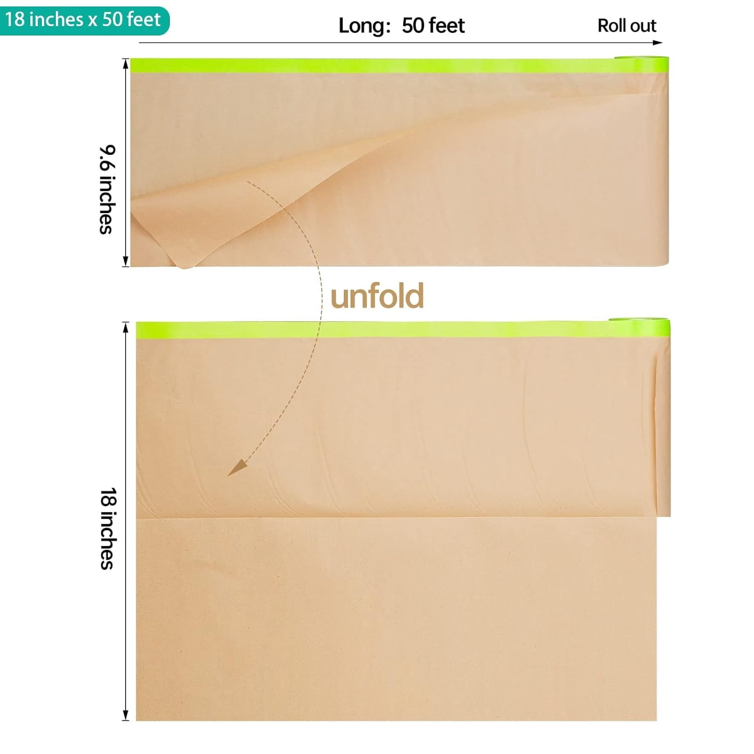 Pre-Taped Masking Paper for Painting - 18 inch x 50 feet Tape and Drape Painters Paper, Paint Adhesive Protective Paper Roll for Covering Skirting, Frames, Cars and Auto Body (12 Rolls)