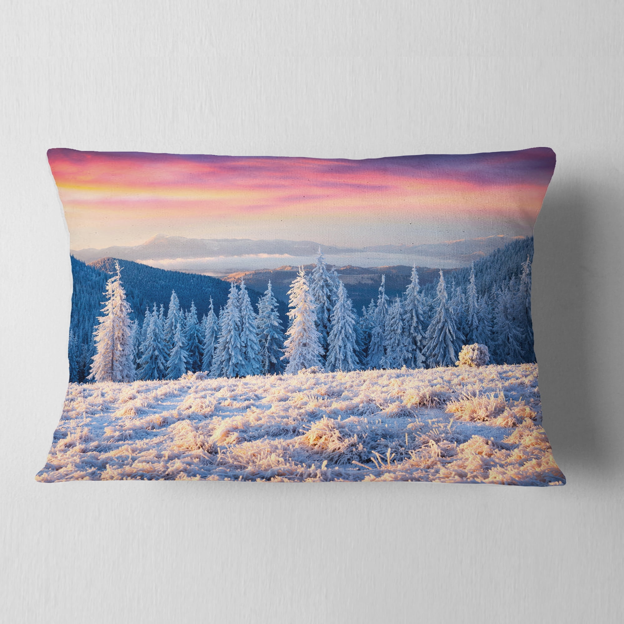 Designart Amazing Winter Sunrise in Mountains - Landscape Printed Throw Pillow - 12x20