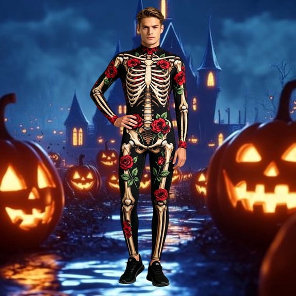 FASHOFT Men's Skeleton Print Halloween Costumes Cosplay Outfit Bone Pattern Party Stage Performance Fancy Dress Up Halloween Costume L