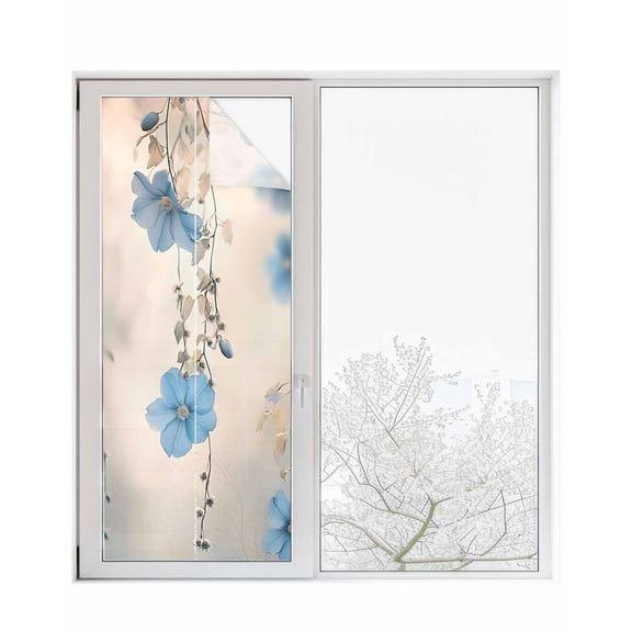 Window Privacy Film Blue Summer Floral Stained Glass Window Film Decorative Sun Block Window Cover Spring Flowers Botanical Farmhouse Window Clings Static Adhesive Sticker for Bathroom 23.6"x59"