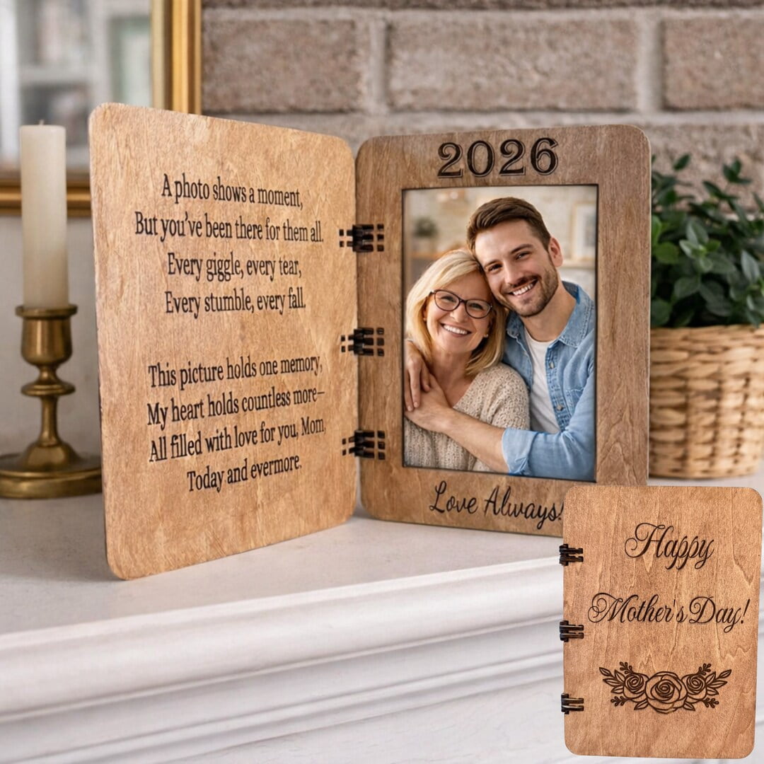 Mother’s Day Wooden Greeting Card Picture Frame – Hinged Wood Photo Card Holds 4x6 Photo – Personalized Keepsake Gift for Mom
