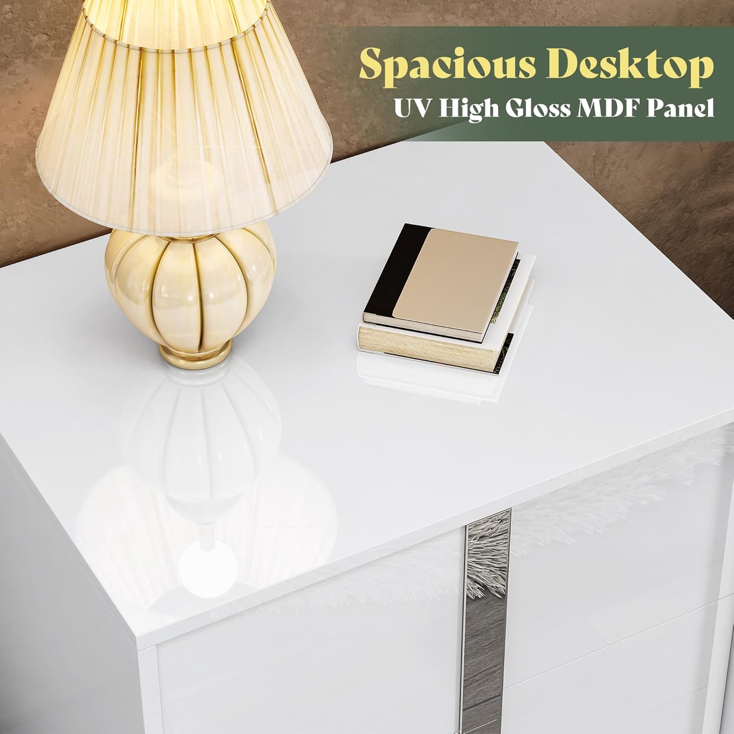 VanAcc Nightstand Set of 2 with Drawers & High Gloss UV Finish,Storage End Tables for Bedroom,White