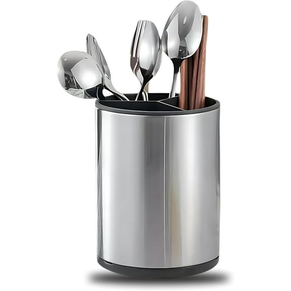 Extra Large Kitchen Utensil Holder, 360° Rotating Stainless Steel Cooking Utensil Holder for Countertop, 3 Compartment Flatware Organizer & Cooking Caddy with Removable Base（Silvery）
