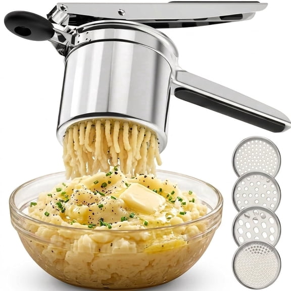 15oz Stainless Steel Potato Ricer – 4 Interchangeable Discs, Heavy Duty, for Mashed Potatoes & Gnocchi
