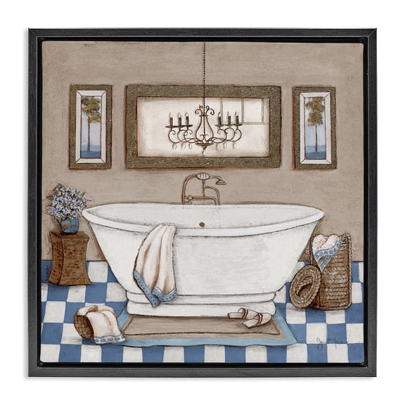 Stupell Industries Traditional Checkered Bathroom & Chandelier Black Floating Frame Canvas Art, 18 x 18, by Janet Tava