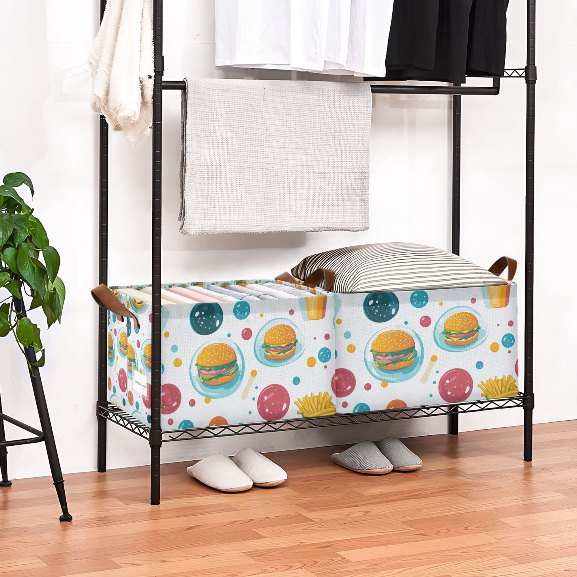 Yayeee Foldable Storage Basket for Shelves Set of 2 Waterproof Cloth Bins with Handles, Bubbles Hamburger