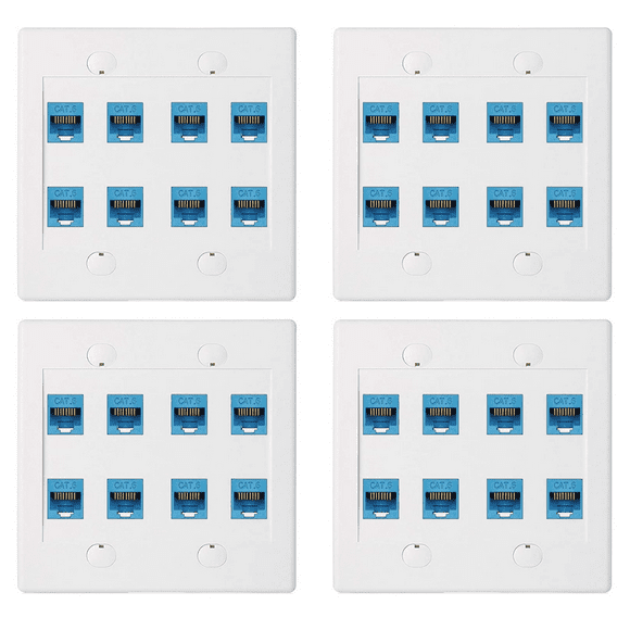 4X Ethernet Wall Plate 8 Port - Double Gang Cat6 RJ45 Jack Network Cable Faceplate Female to Female - Blue