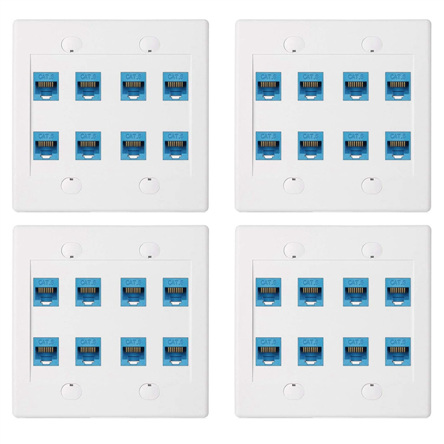 4X Ethernet Wall Plate 8 Port - Double Gang Cat6 RJ45 Jack Network Cable Faceplate Female to Female - Blue