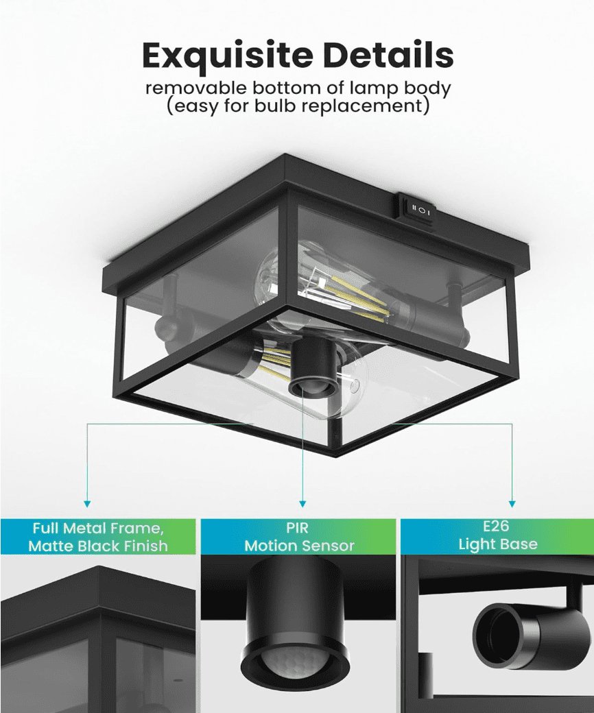 Outdoor Ceiling Light with Motion Sensor, Flush Mount Porch Light, Exterior Light Fixture with Clear Glass, Dusk to Dawn 2-Light Fixture for Patio,Porch (8.5 in)
