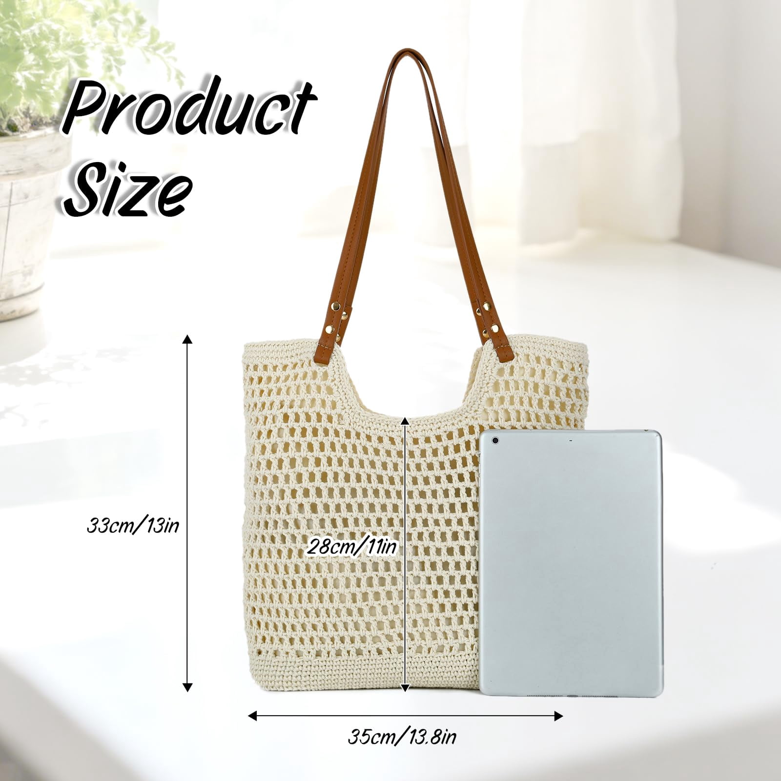 mirlewaiy Beach Bags for Women Woven Crochet Summer Purse 2026 | Boho Tote Bag, 13.8" Large Capacity, Tote Bag with Zipper, Foldable Packable, Beach Shipping, Vacation Purse