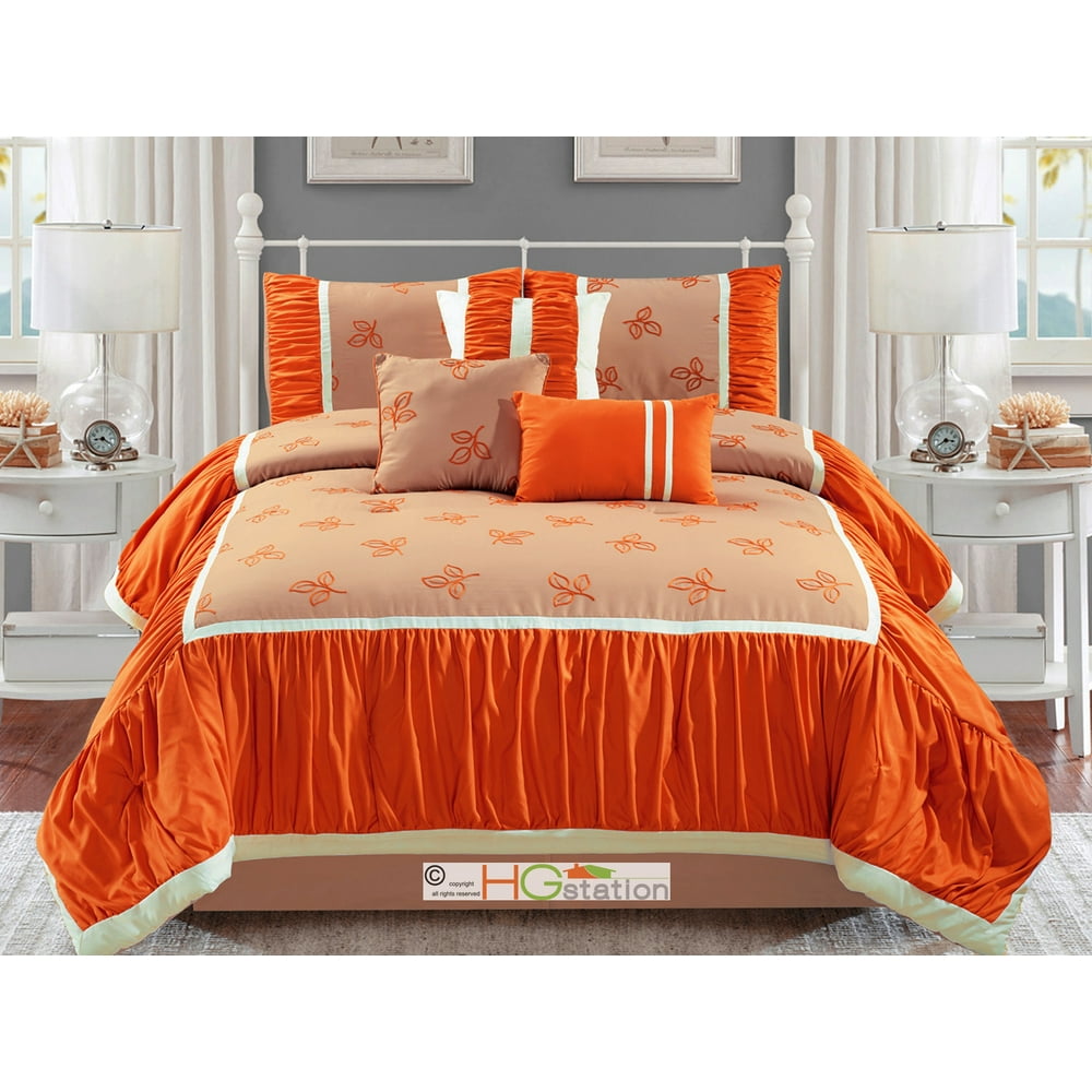 7Pc Darci Ruched Embroidery Tripartite Leaves Comforter Set Orange Tan