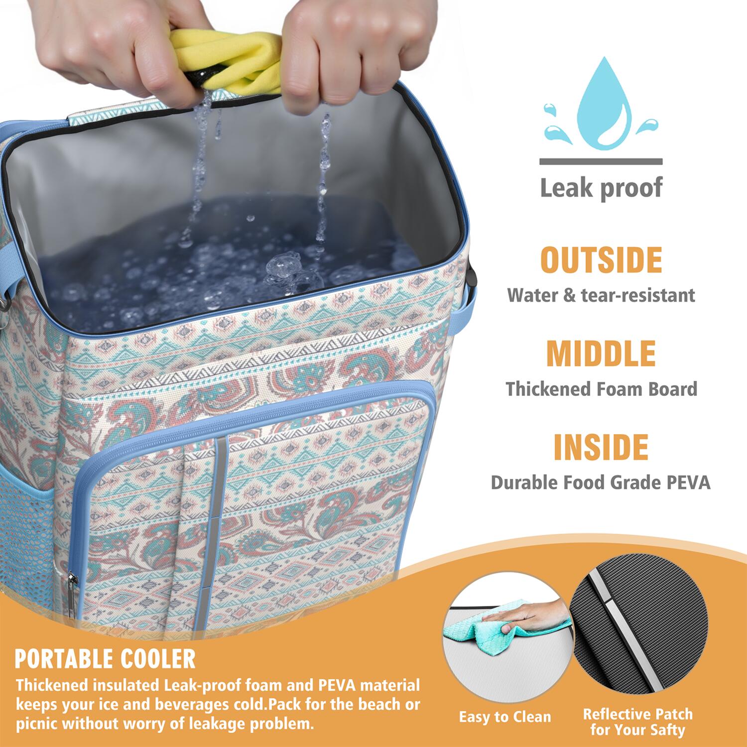 Travel Cooler Bag - Boho Bohemia Pioneer Flower Geometric Line Art Camping Beer Cooler Backpack with Bottle Opener- Waterproof Insulated Picnic Backpacks - Cooler Bag for Beach