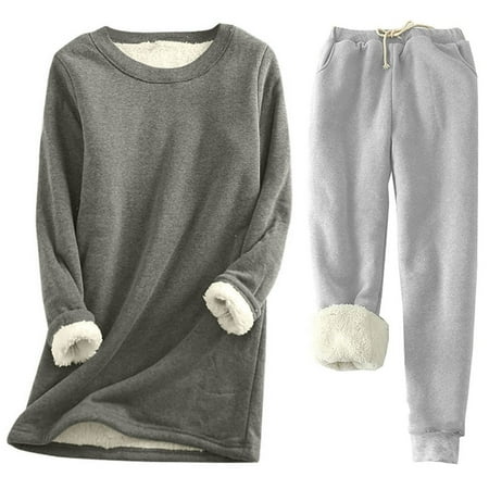 Scyoekwg Women s Two Piece Outfits Winter Warm Thickened Underwear Sets Casual Round Neck Sweatshirt Pullover Pants Thicken Pajama Set (Gray XXXXXL)