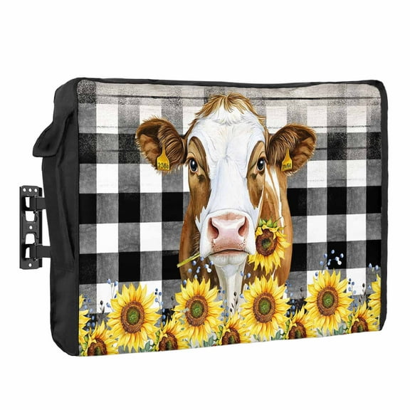 Outdoor TV Cover 70 to 75 Inches, Cow Sunflower Plant Farm Flower Black Plaid Waterproof and Weatherproof TV Cover with Remote Control Pocket, Flat Screen TV Cover Protector for Outside TV