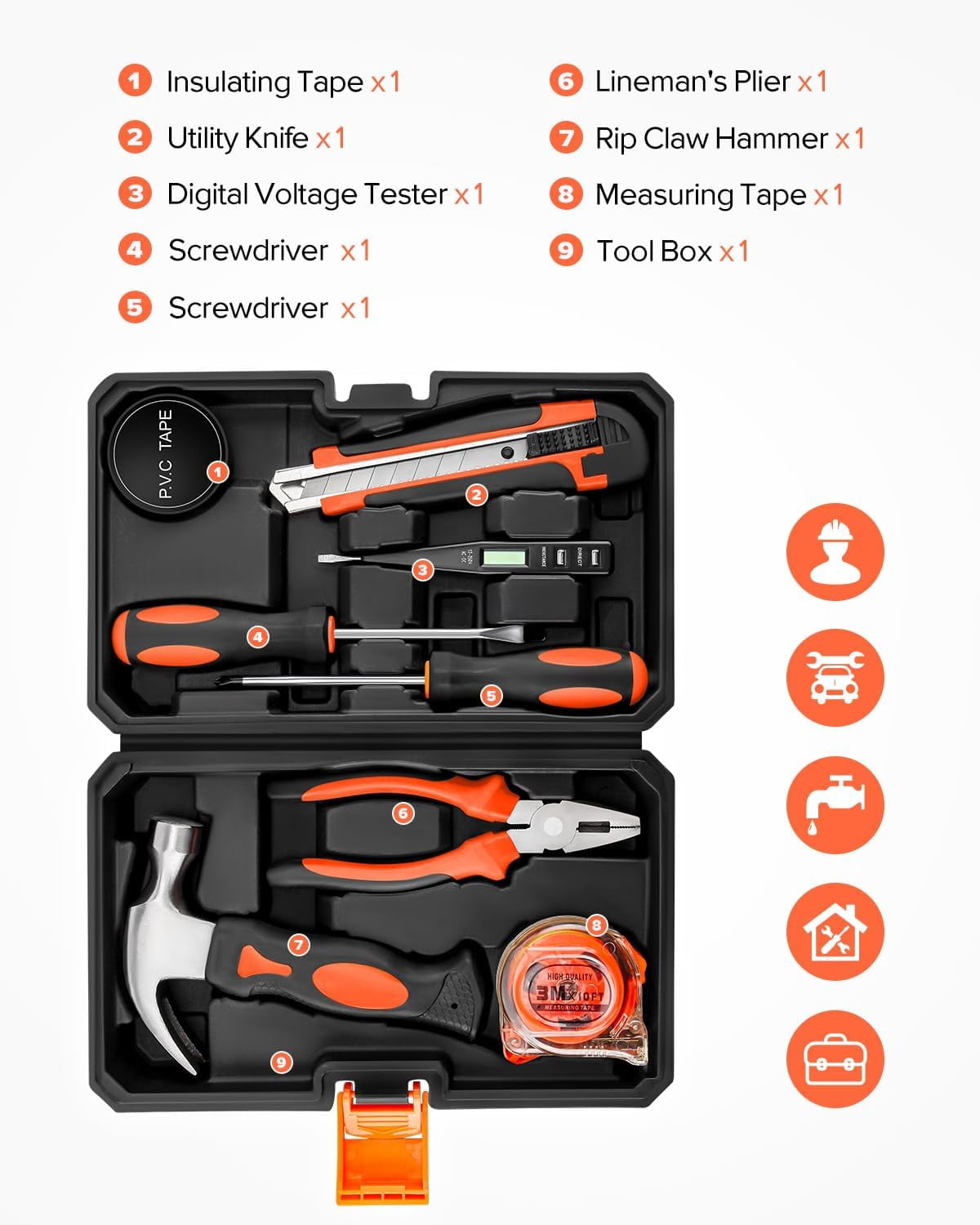 9pcs General Household Tool Set, Home Tool Kit with Plastic Toolbox for DIY, Maintenance, Perfect for Students & Homeowners (Red)