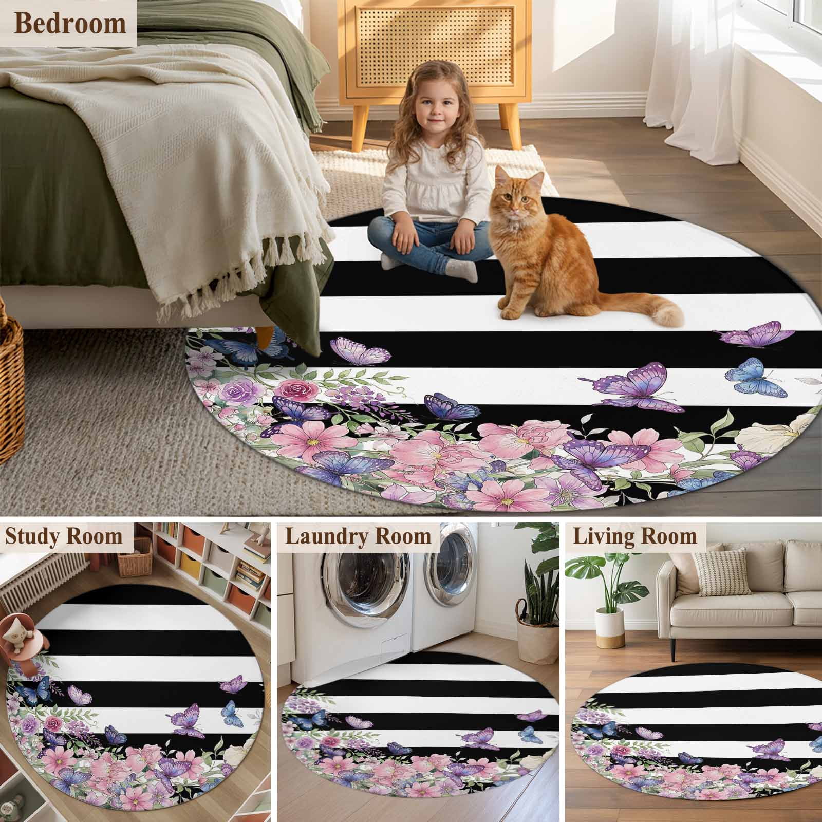 Pink Flowers Round Area Rug 5Ft Washable Circle Rugs for Living Room Bedroom, Spring Floral Watercolor Botanical Farmhouse Striped Non-Slip Carpet Floor Mats Indoor Outdoor Carpet Runner Home Decor