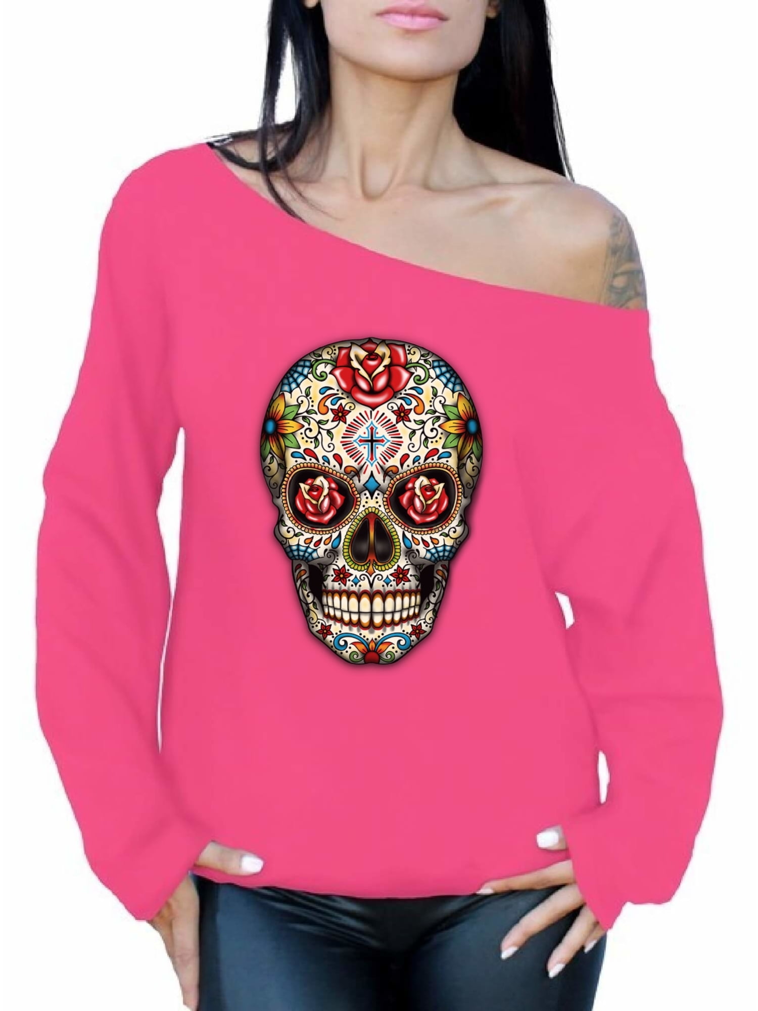 Vizor Womens Colorful Skull Off Shoulder Tops Sweatshirts Candy Skull Day of The Dead