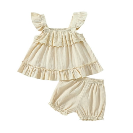 

ZIZOCWA Solid Color Ruffle T Shirt Tops Shorts Outfits Set for Baby Girls 2 Piece Sleeveless Flowy Tank Tops Cotton Comfy Bloomer Pants Beige Size24Mouth