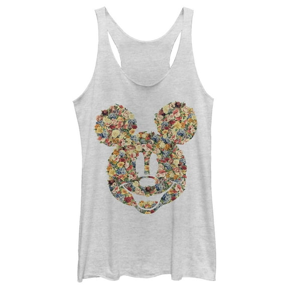 Women's Mickey & Friends Floral Mickey Face Silhouette  Racerback Tank Top White Heather Small