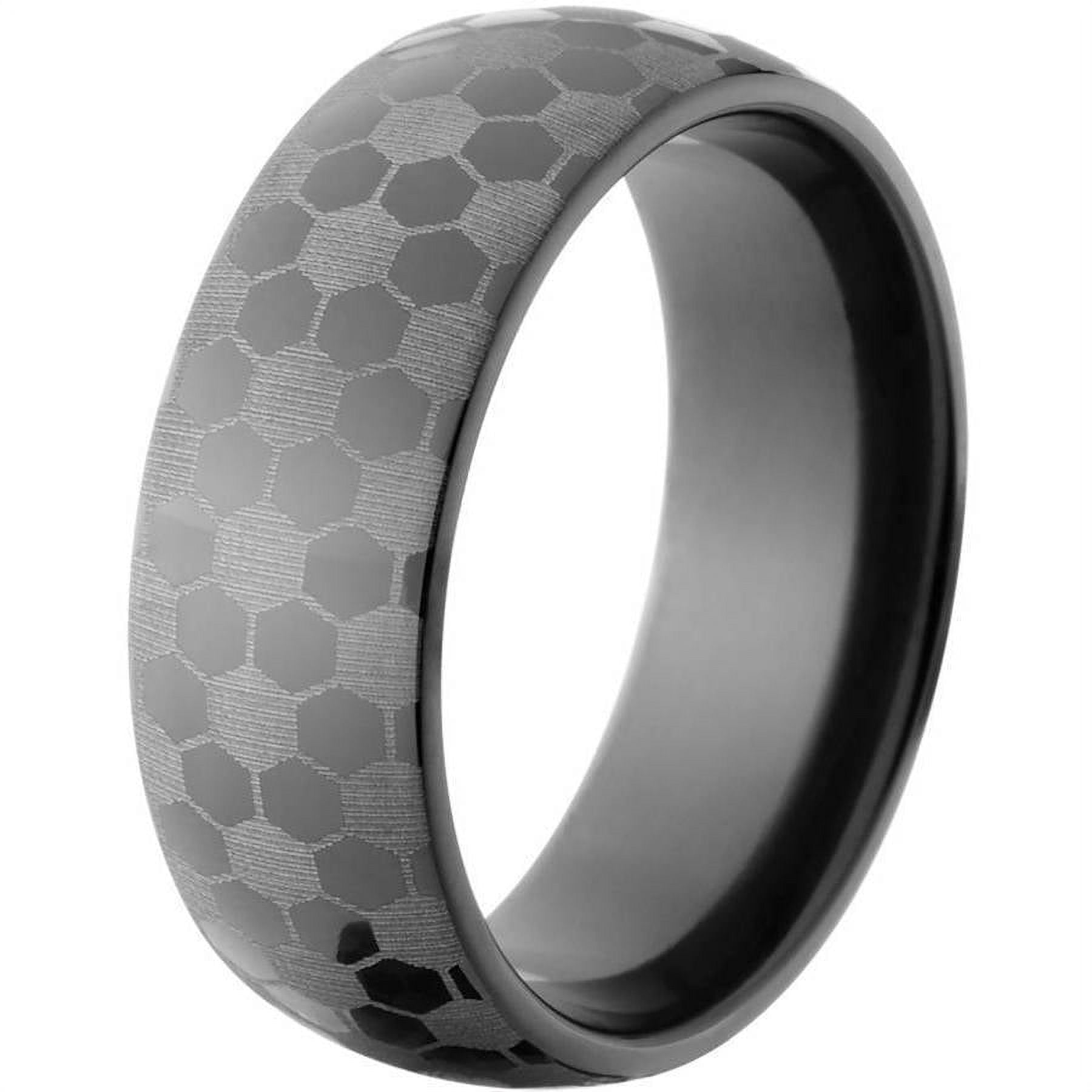 8mm Half-Round Black Zirconium Ring with a Lasered Soccer Design