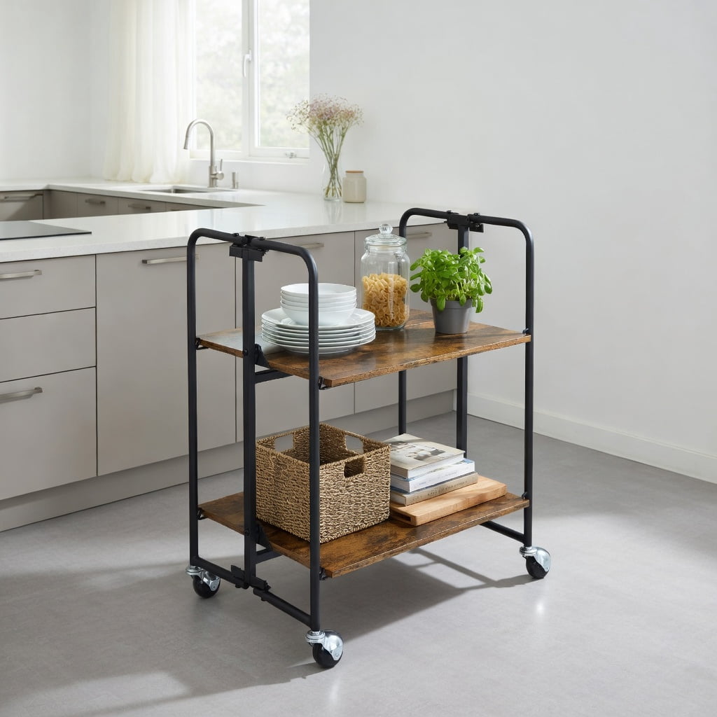 Demi Bonn Rolling Cart, Kitchen Island Cart, Folding Rolling Cart with Metal Frame-2-Tier, for Kitchen, Dining Room, Rustic brown
