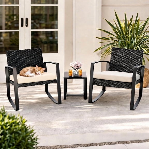 Aiho 3-Piece Rattan Rocking Set–Outdoor Patio Conversation Furniture with Coffee Table for Balcony, Garden, Backyard, or Poolside (Beige)