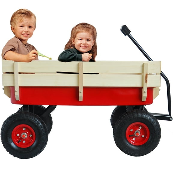 iRerts All Terrain Wagon for Kids Adults, Kids Wagon with Removable Wood Sides, 10" Pneumatic Tires, Extra-long Handle, 176 lbs Capacity, Steel Utility Cart Outdoor Beach Wagon for Garden, Red
