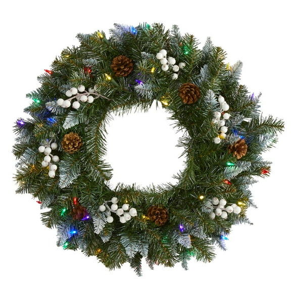 Nearly Natural Snow Tipped Artificial Christmas Wreath with 50 Multicolored LED Lights