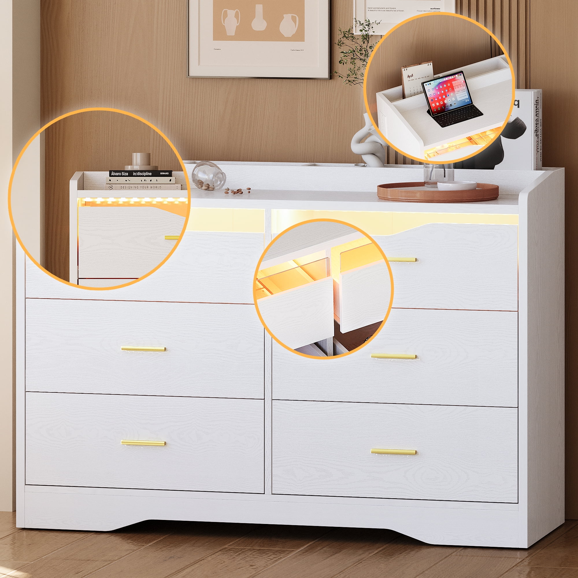 IRONCK 6 Drawers Dresser with LED Lights and Charging Station for Bedroom, Living Room, Hallway, White