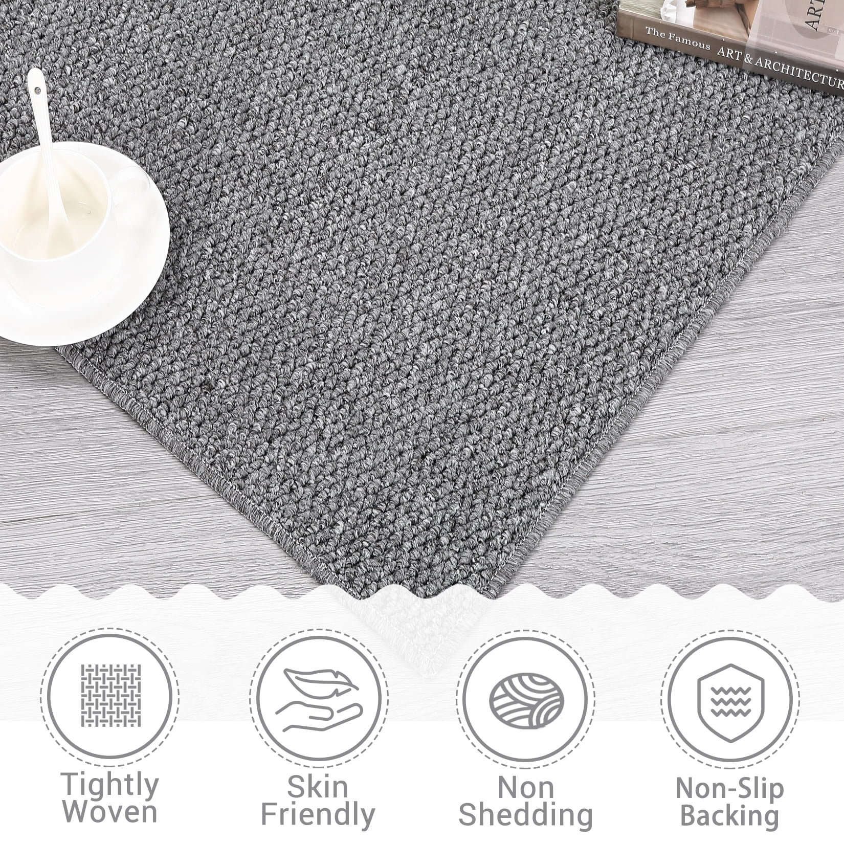 COZONY 9'x12' Washable Area Rug, Modern Textured Low-Pile Polypropylene Carpet, Stain Resistant Non-Slip Solid Accent Rug for Living Room, Gray