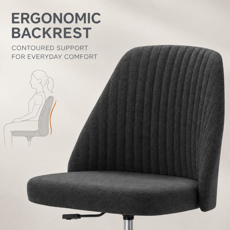 BEAUTYPEAK Armless Vanity Chair Adjustable Swivel Fabric Desk Chair with Padded Seat Wheels Mid-Back Office Chair, Dark Gray