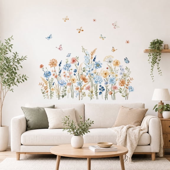 Flowers Wall Decals,35.43x11.81 inch Blue PVC Boho Butterfly Wall Decals,Wall Decals Peel and Stick,Wildflower Wall Art for Living Room Bedroom Indoor Flower Wall Decor