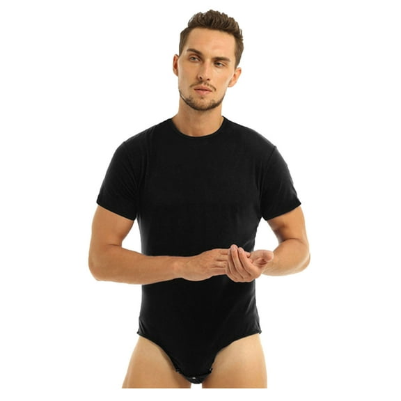 JUUYY Men's Short Sleeve Shorts Set Jumpsuit Pajama One Piece Snap Down Crotch Bodysuit Rompers Black M