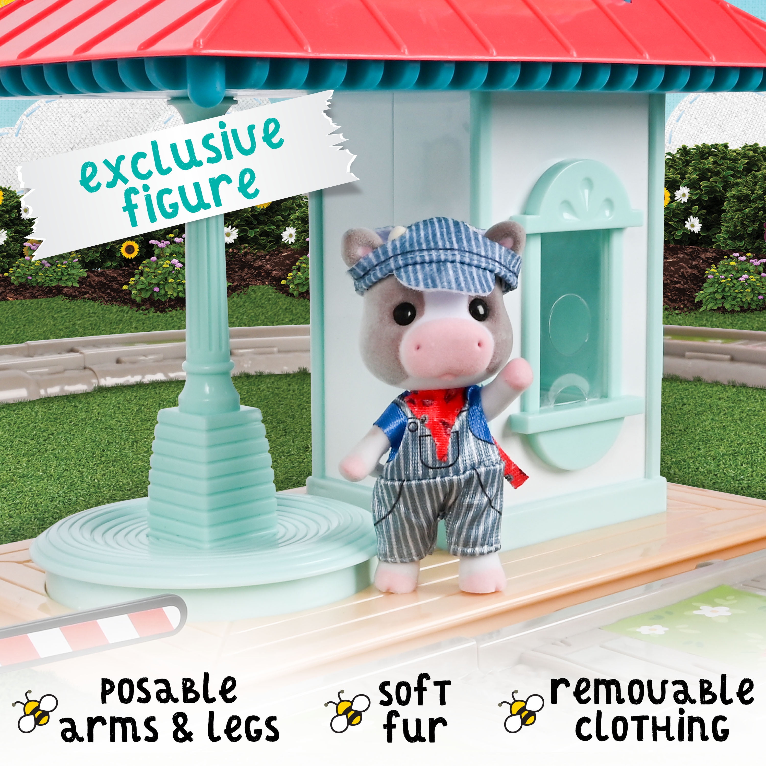 Honey Bee Acres Thistlestop Electric Train Station Set – Motorized Engine, Realistic Lights & Sounds, Poseable Cow Figure, Doll Playsets, 19 Pieces for Ages 3+
