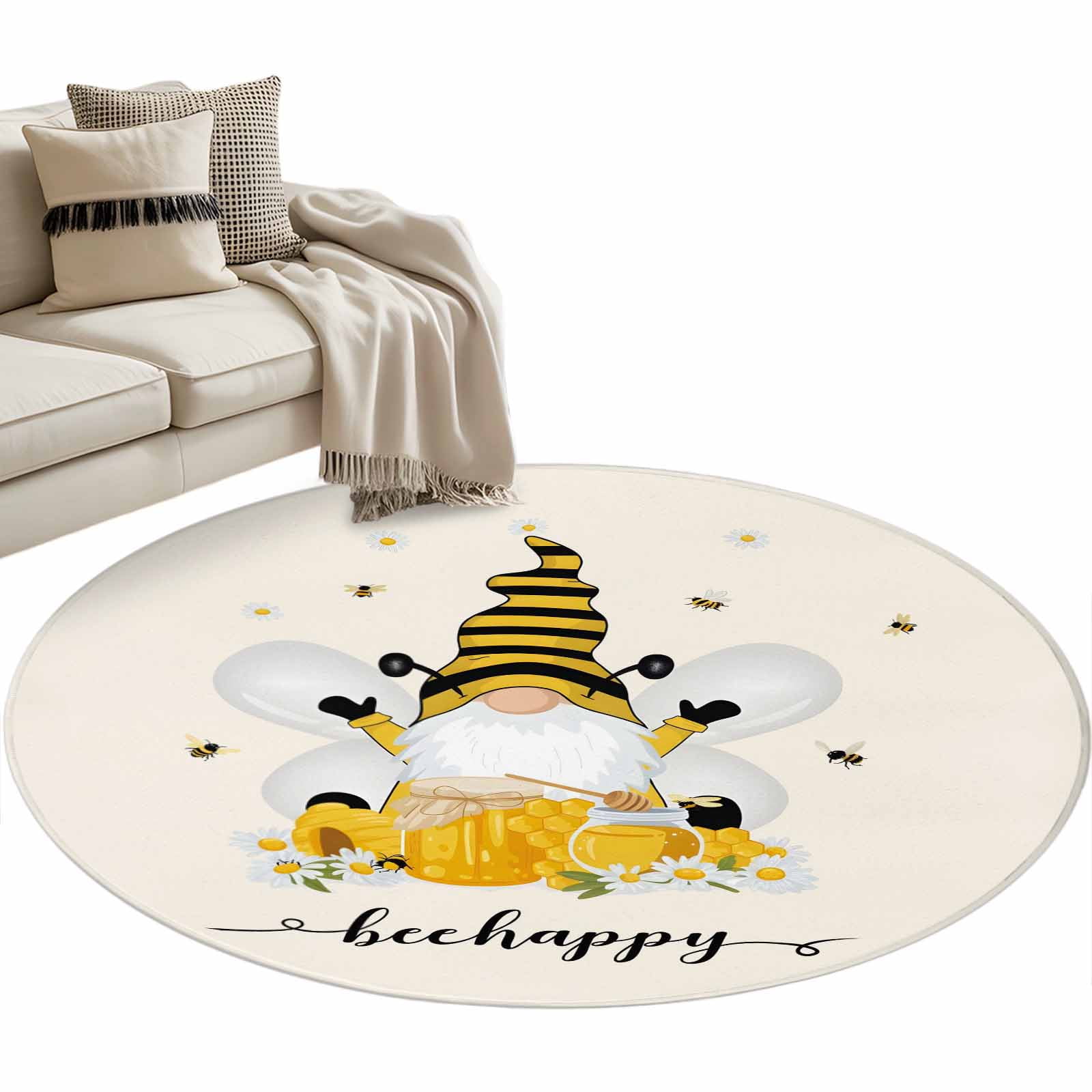 Round Area Rug-3ft Rustic Bee Farmhouse Gnome Non Slip Washable Circle Carpet Soft Large Floor Rugs for Living Room Bedroom Nursery Office