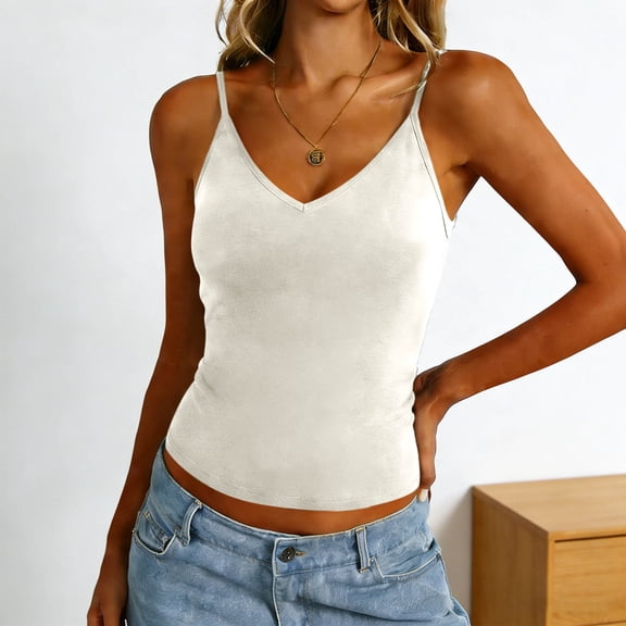 Mifsaly Cotton Camisole Tops for Women with Built In Bra V Neck Spaghetti Strap Tank Top Slim Fit Stretchy Cropped Camisoles Summer Casual Home Cami Shirts L