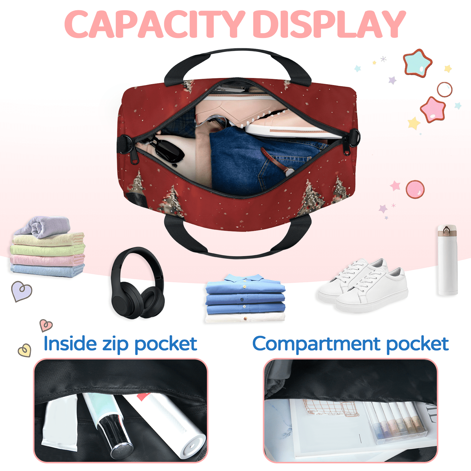 Herdesigns Christmas Travel Duffle Bag Sports Yoga Weekender Overnight Carry on Workout Bags Lightweight Waterproof Gym Tote Bag for Women