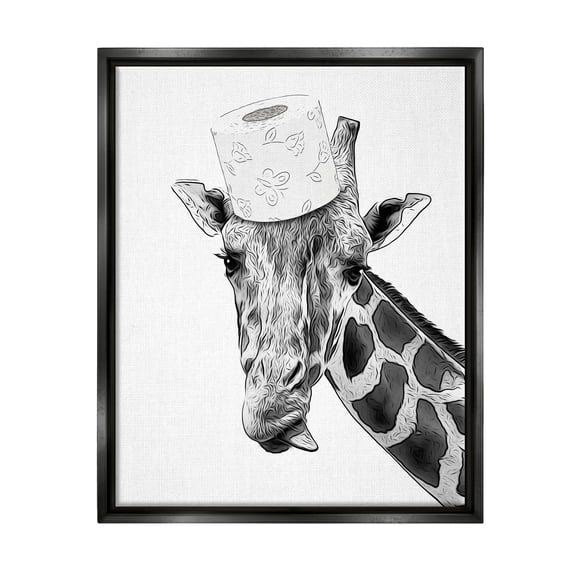 Stupell Industries Giraffe & Toilet Paper Bathroom Animals & Insects Painting Black Floater Framed Art Print Wall Art