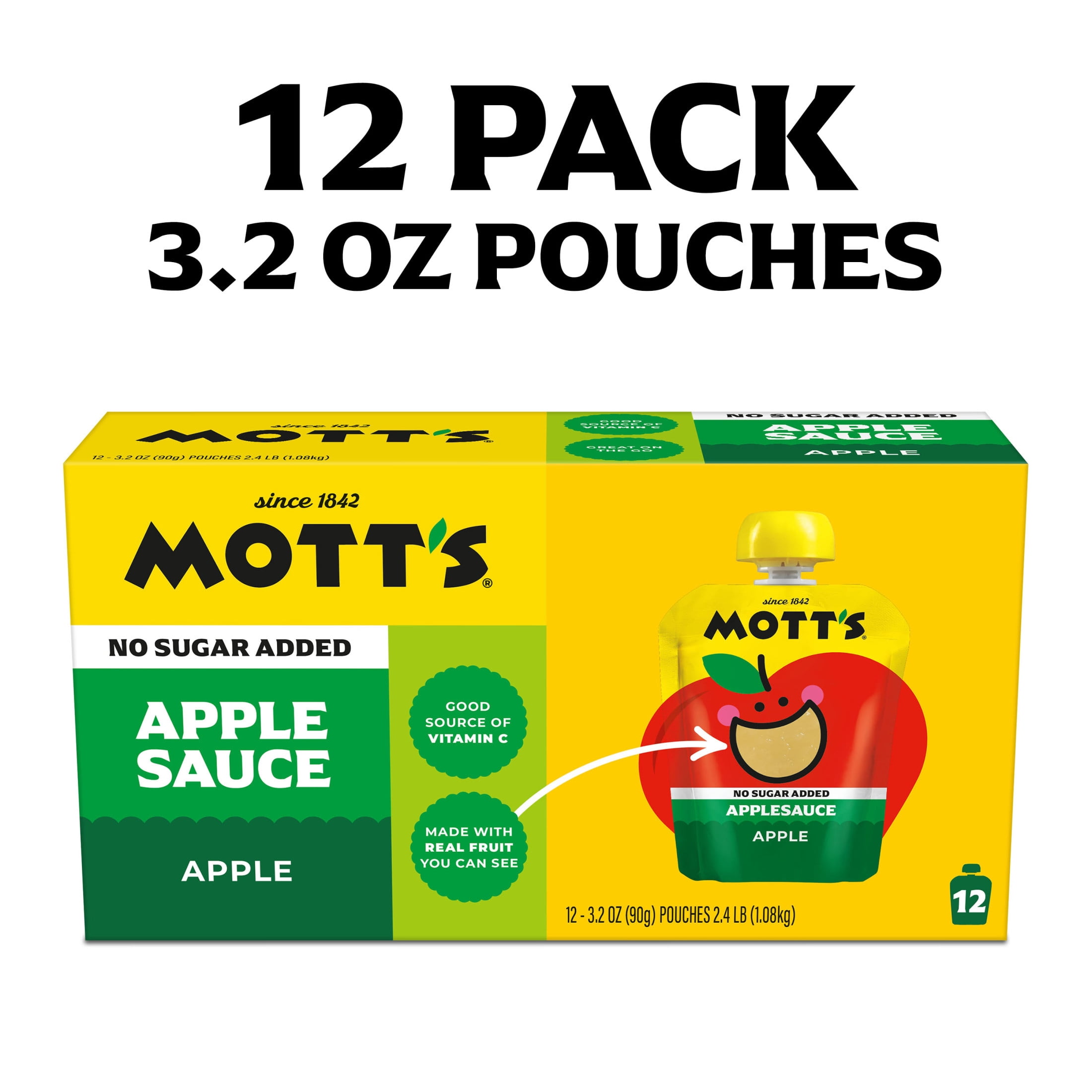 (4 pack) Mott's No Sugar Added Applesauce, 3.2 oz, 12 Count Clear Pouches