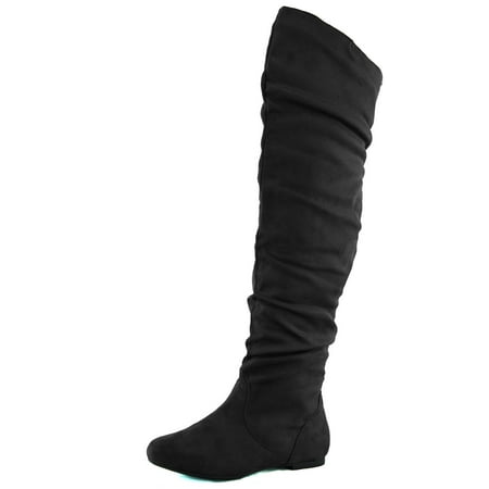 DailyShoes Women's Fashion-Hi Over-The-Knee Thigh High Flat Slouchly Shaft Low Heel Boots Black Suede, 6 B(M) US