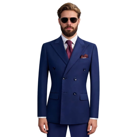 Men's 2 Piece Royal Blue Suit Set, Double Breasted Blazer & Trousers, Slim Fit Peak Lapel Formal Business Wedding Suit for Prom, Dinner, Interview