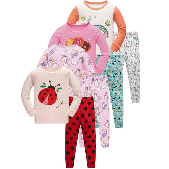 WIBACKER 1-10 Year Girls' 2-Piece Pajamas Set Long Sleeve Sleepwear Pjs 100% Cotton For Kids and Toddler Girls - Ladybug