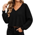 thumbnail image 3 of Sweaters for Women Zaewscy Women V Neck Waffle Knit Cropped Pullover Sweater Casual Long Sleeve Loose Fit Fall Winter Top Black L, 3 of 9