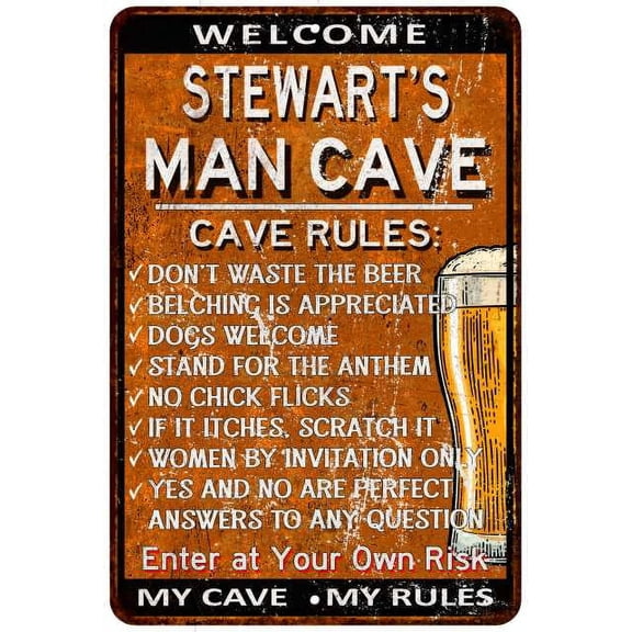 STEWART'S Man Cave Rules Rusty Sign Garage Decor 8 x 12 High Gloss Metal 208120051444