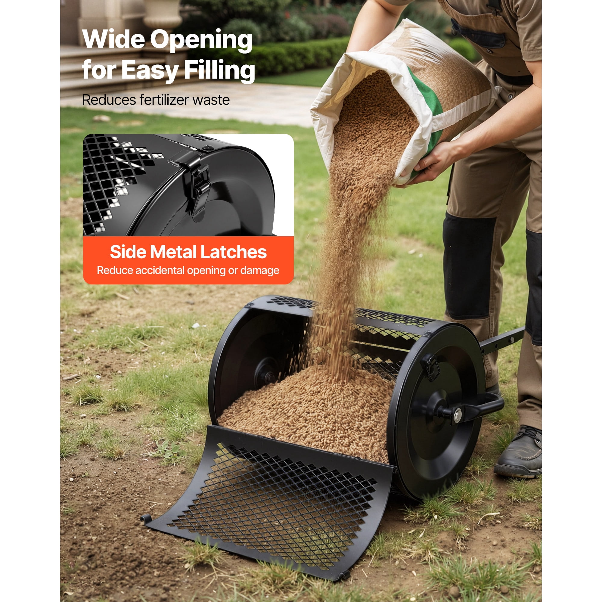 KFFKFF Compost Spreader, 16.5" Wide Peat Moss Roller with Adjustable T-Shaped Handle, 3 Height Settings, Durable Powder-Coated Steel Design, Lawn and Garden Tool for Seeding and Planting, Black